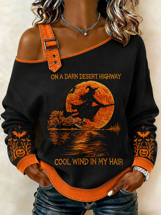 Women's Halloween Witch Pumpkin Bat Casual Off-Shoulder Sweatshirt