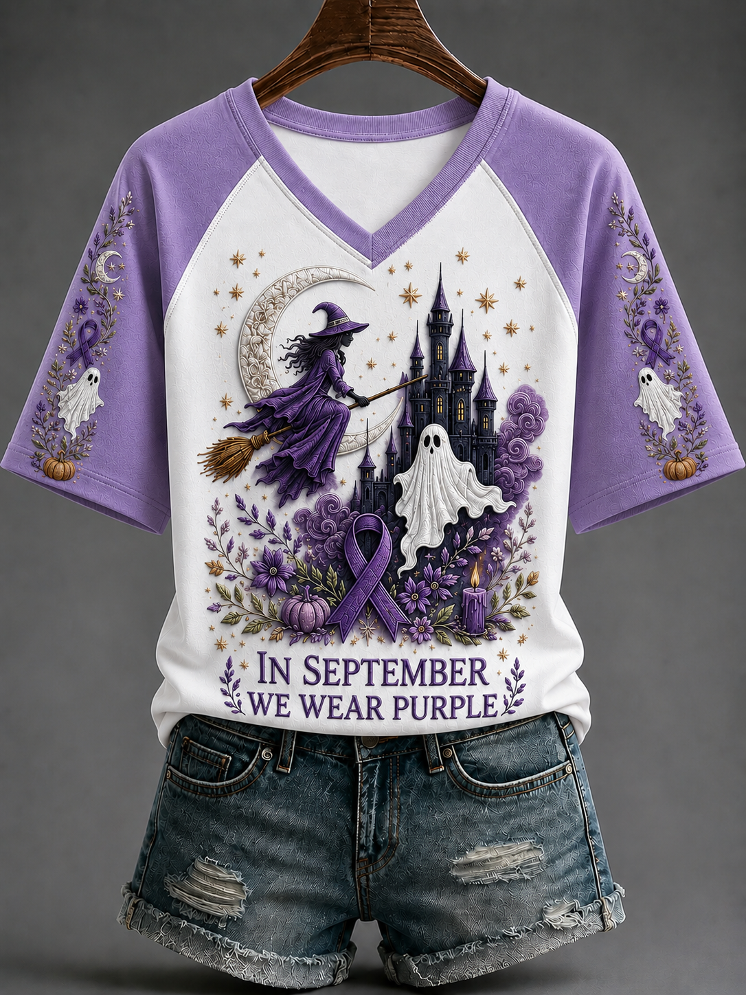 Women's In September We Wear Purple V-neck Off-shoulder Short-sleeved T-shirt