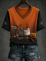 Women's Halloween Drink Up Printed V-neck T-shirt
