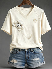 Women's Cute Peeking Maltese Dog with Paw Print V-neck Short-sleeved T-shirt