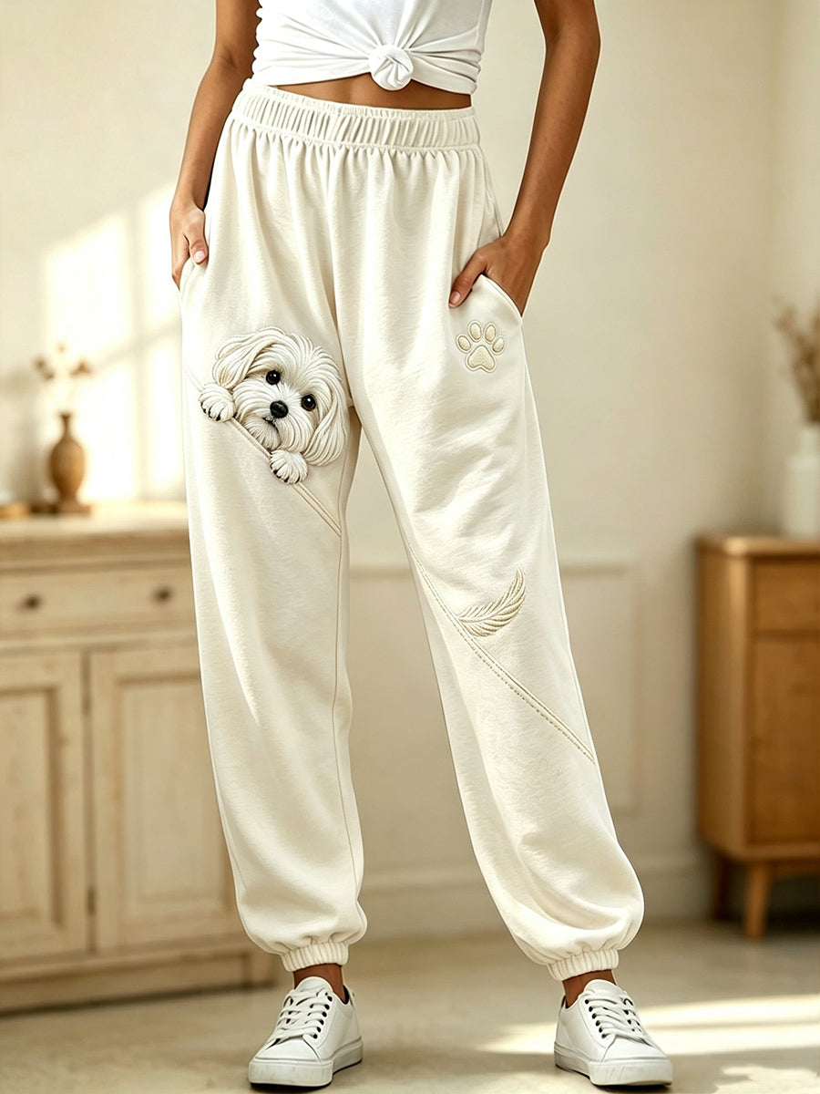 Women's Cute Peeking Maltese Dog with Paw Print Cozy  Sweatpants