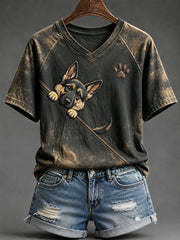 Women's Cute Peeking German Shepherd with Paw Print V-neck Short-sleeved T-shirt