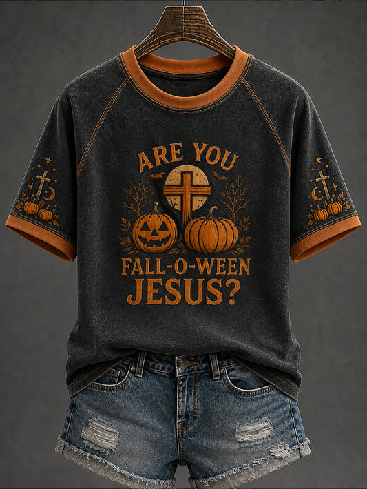 Women's retro faith theme Halloween element pattern printed casual short sleeve T-shirt