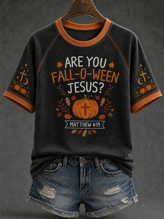 Women's retro faith theme Halloween element pattern printed casual short sleeve T-shirt