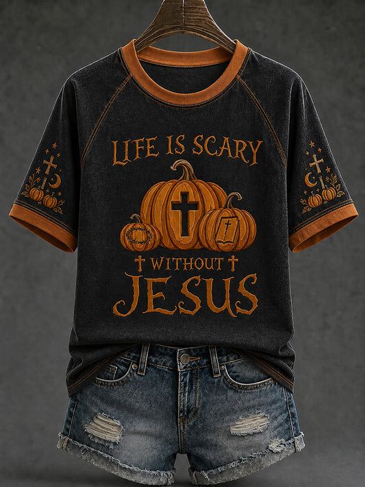 Women's retro faith theme Halloween element pattern printed casual short sleeve T-shirt