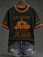 Women's retro faith theme Halloween element pattern printed casual short sleeve T-shirt