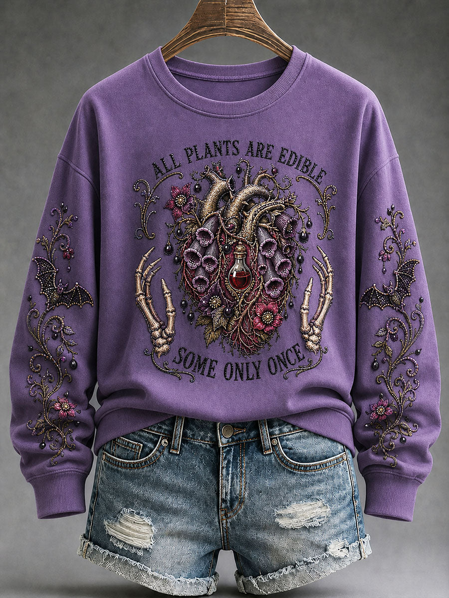 Women's "All Plants Are Edible Some Only Once" Halloween Floral Print Casual Regular Sweatshirt