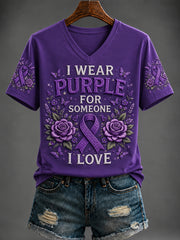 Women's Purple Art Printed V-neck T-shirt