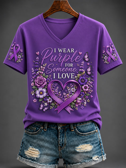 Women's Purple Art Printed V-neck T-shirt