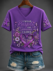 Women's Purple Art Printed V-neck T-shirt