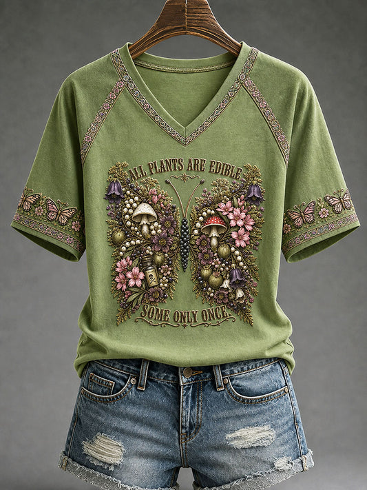 Women's "All Plants Are Edible Some Only Once" Halloween Floral Print Casual T-shirt