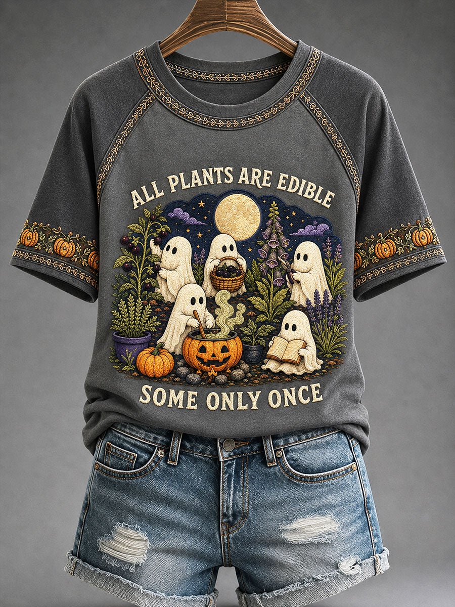 Women's "All Plants Are Edible Some Only Once" Halloween Ghost Floral Print Casual T-shirt