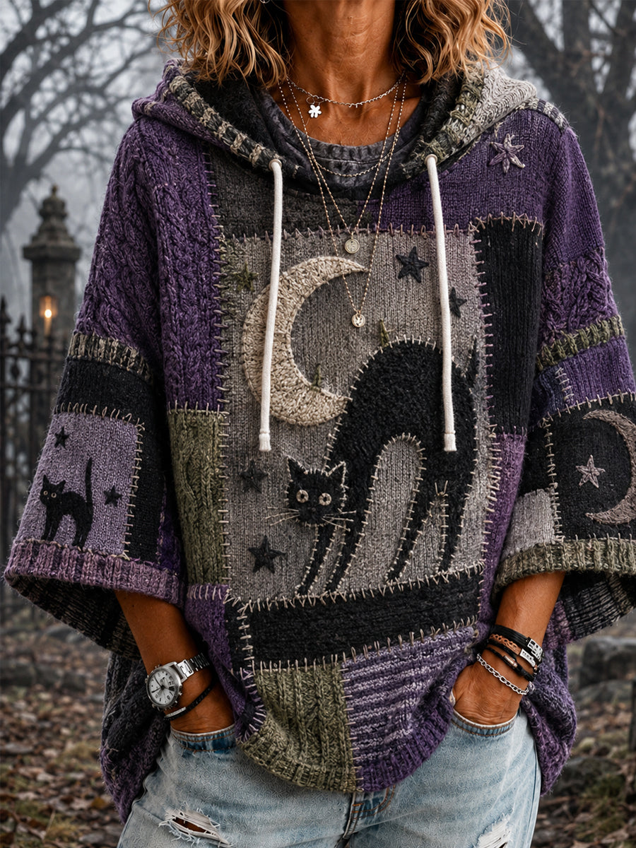 Women's Halloween Black Cat Patchwork Print Casual 3/4 Sleeve Hoodie