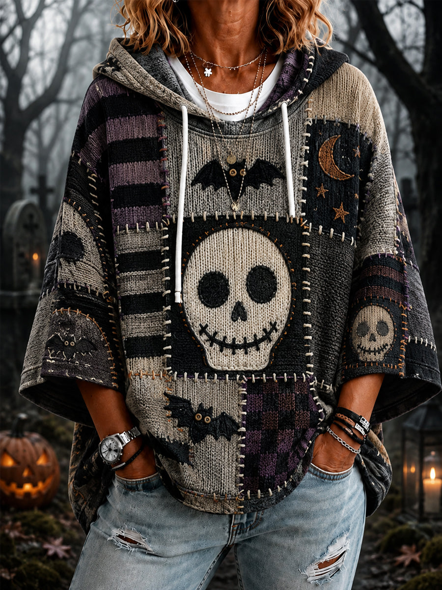 Women's Halloween Skull Patchwork Print Casual 3/4 Sleeve Hoodie