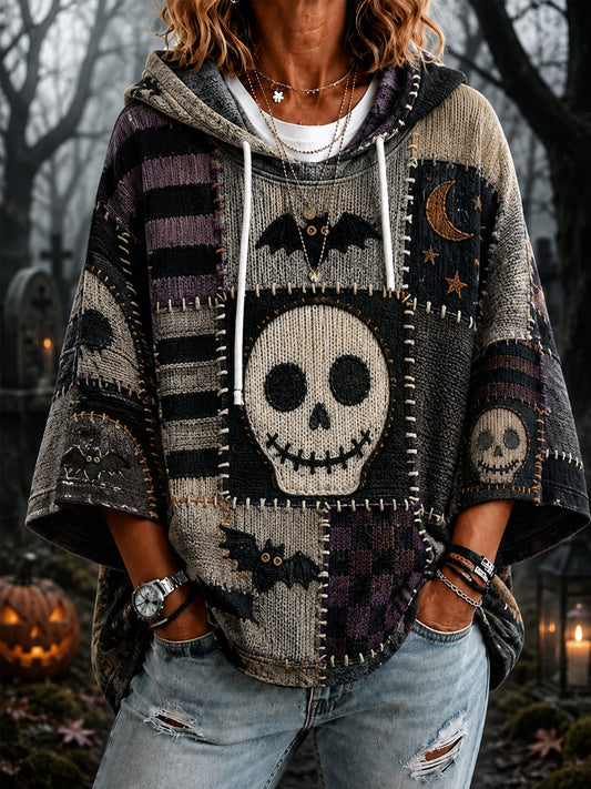 Women's Halloween Skull Patchwork Print Casual 3/4 Sleeve Hoodie