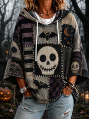 Women's Halloween Skull Patchwork Print Casual 3/4 Sleeve Hoodie
