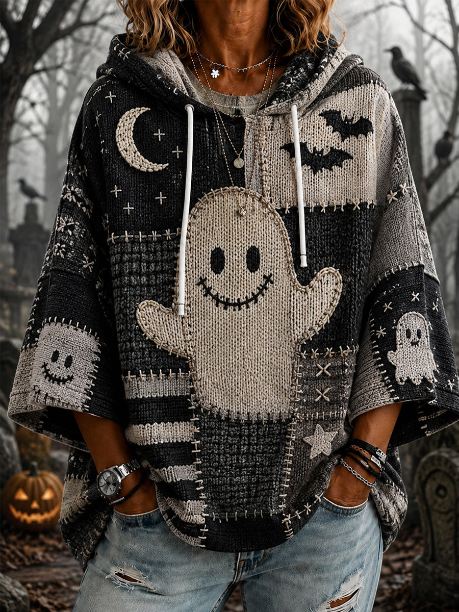 Women's Halloween Cute Ghost Patchwork Print Casual 3/4 Sleeve Hoodie