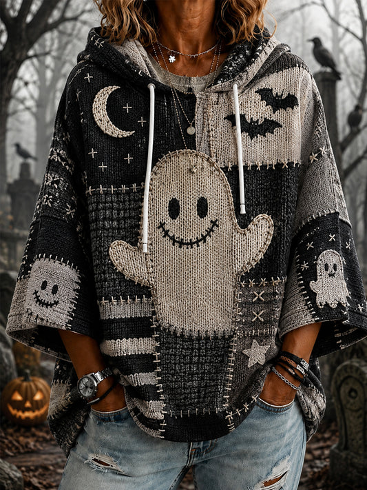 Women's Halloween Cute Ghost Patchwork Print Casual 3/4 Sleeve Hoodie