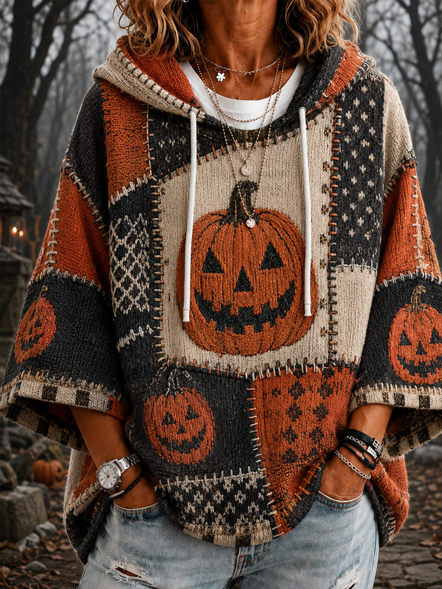 Women's Halloween Pumpkin Face Patchwork Print Casual 3/4 Sleeve Hoodie