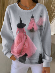 Women's Halloween Witch Black Cat Ribbed Round-Neck Sweatshirt