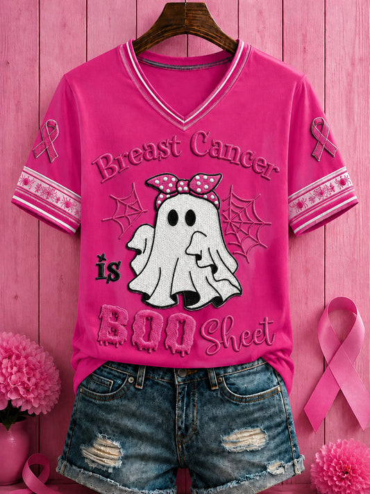 Women's Halloween Breast Cancer Pink Flowers Printed V-neck T-shirt