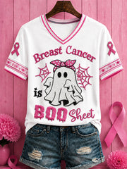 Women's Halloween Breast Cancer Pink Flowers Printed V-neck T-shirt