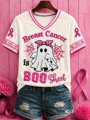 Women's Halloween Breast Cancer Pink Flowers Printed V-neck T-shirt