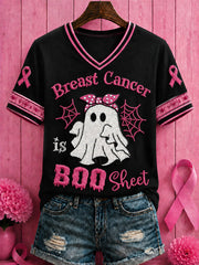 Women's Halloween Breast Cancer Pink Flowers Printed V-neck T-shirt