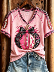 Women's Football Inspired Pink Out Breast Cancer Pumpkin Floral Print short-sleeved T-shirt