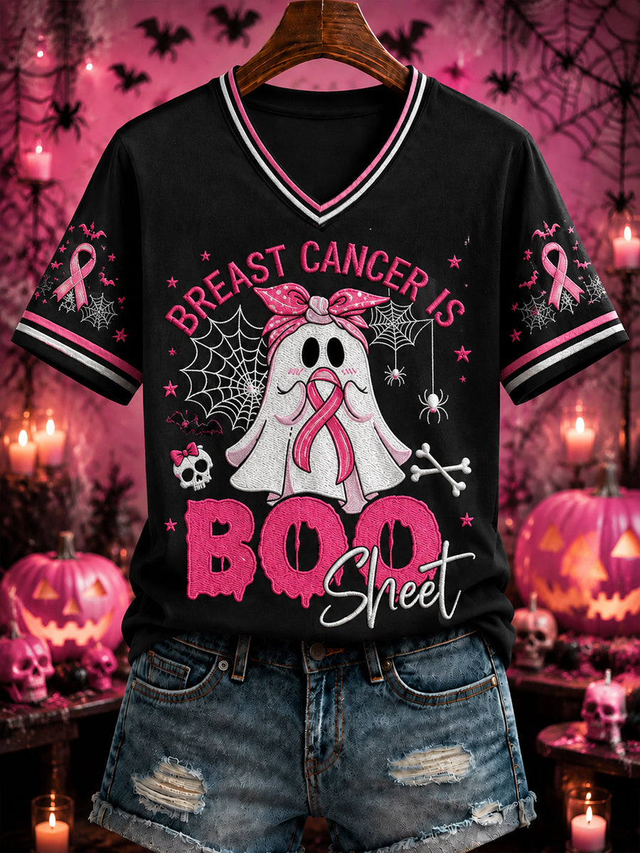 Women's “BREAST CANCER IS BOO Sheet” Printed V-neck T-shirt
