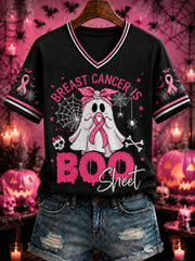 Women's “BREAST CANCER IS BOO Sheet” Printed V-neck T-shirt