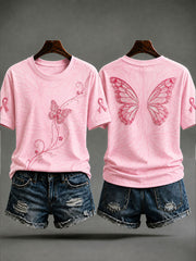 Women's Butterfly Print Breast Cancer Prevention T-shirt