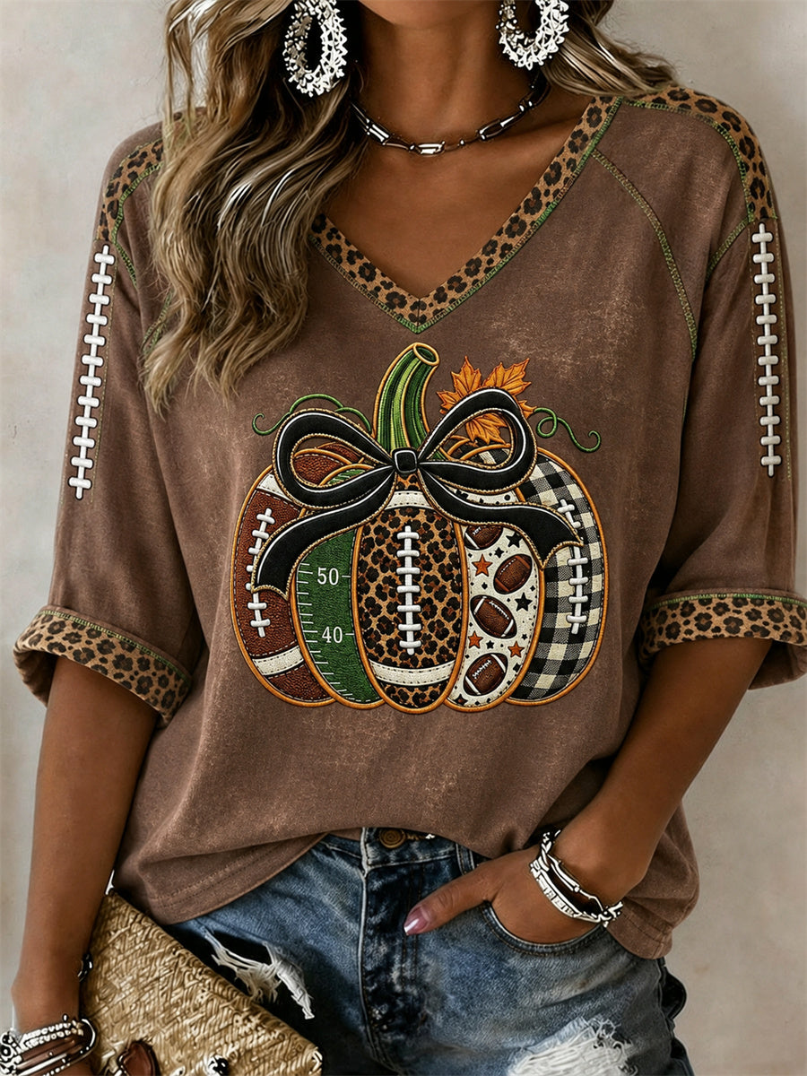 Women's Football Inspired Fall Pumpkin Print Mid-length Sleeves V-Neck T-Shirt
