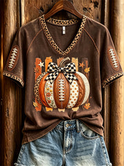 Women's Football Inspired Fall Pumpkin Print short-sleeved T-shirt