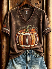 Women's Football Inspired Fall Pumpkin Print short-sleeved T-shirt