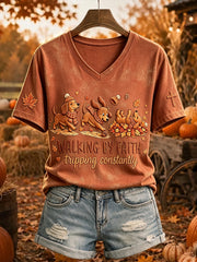 Women's Walking by Faith Dachshund Fall Leaves Print Short-sleeved T-shirt