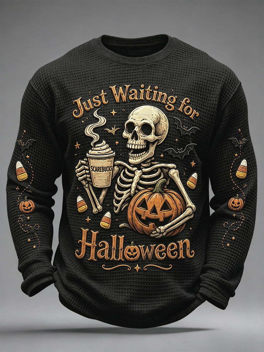 Men's Just Waiting For Halloween Print Casual Waffle Long Sleeve Top
