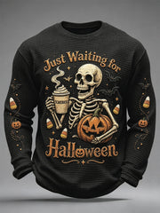 Men's Just Waiting For Halloween Print Casual Waffle Long Sleeve Top