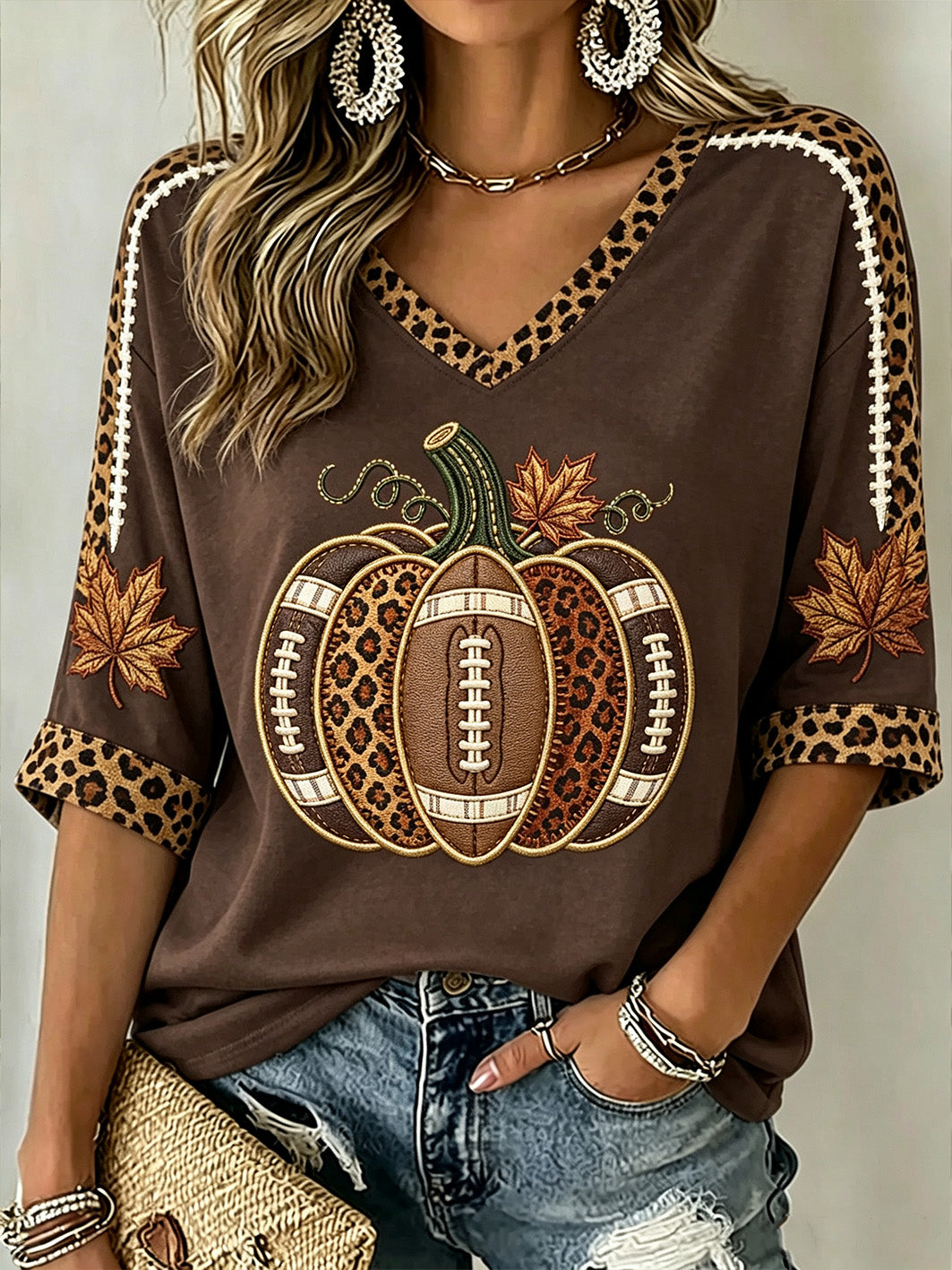 Women's Autumn Pumpkin Pattern Casual Mid-length Sleeves V-Neck T-Shirt
