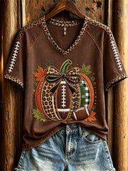 Women's Football Inspired Fall Pumpkin Print short-sleeved T-shirt