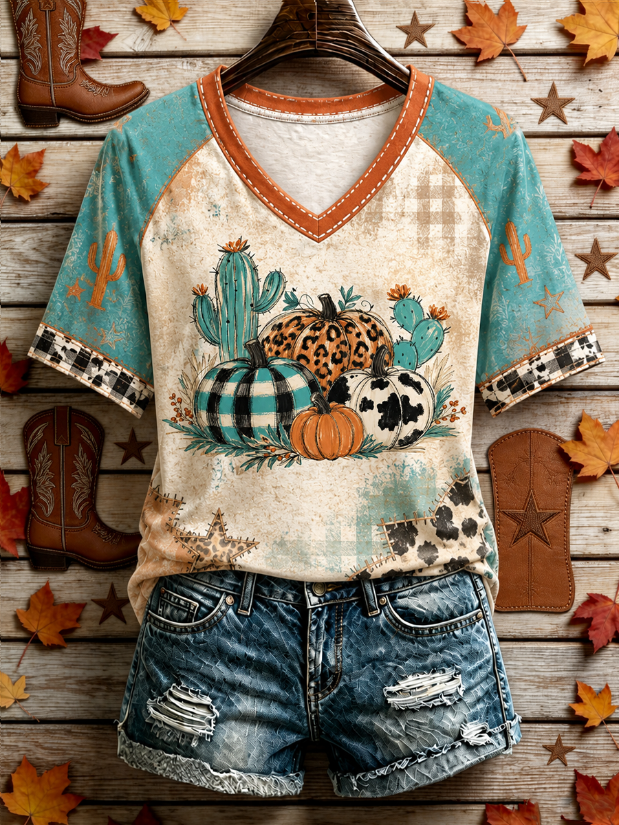 Women's Western-style autumn printed V-neck off-shoulder short-sleeved T-shirt