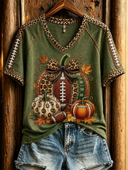 Women's Football Inspired Fall Pumpkin Print short-sleeved T-shirt