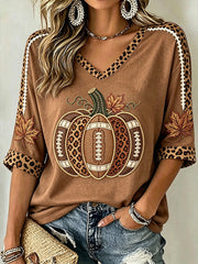 Women's Autumn Pumpkin Pattern Casual Mid-length Sleeves V-Neck T-Shirt