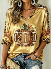 Women's Autumn Pumpkin Pattern Casual Mid-length Sleeves V-Neck T-Shirt
