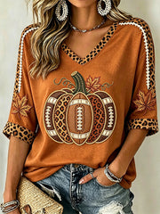 Women's Autumn Pumpkin Pattern Casual Mid-length Sleeves V-Neck T-Shirt