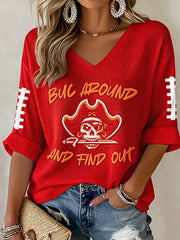 Women's Football Fan Print V-neck Waffle T-shirt