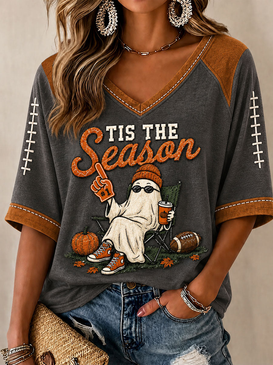 Women's Vintage Halloween Football Tis The Season Ghost Game Day Printed Casual T-shirt