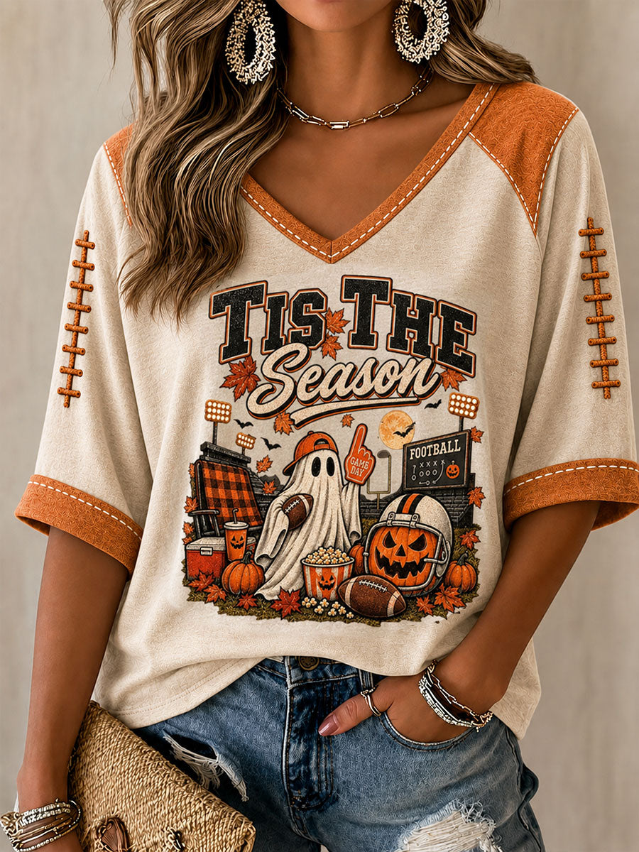 Women's Vintage Halloween Football Tis The Season Ghost Game Day Printed Casual T-shirt