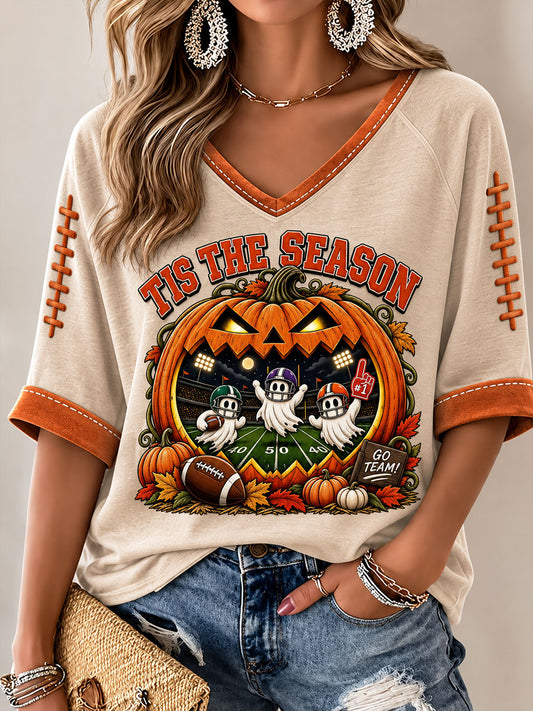 Women's Vintage Halloween Football Tis The Season Ghost Game Day Printed Casual T-shirt