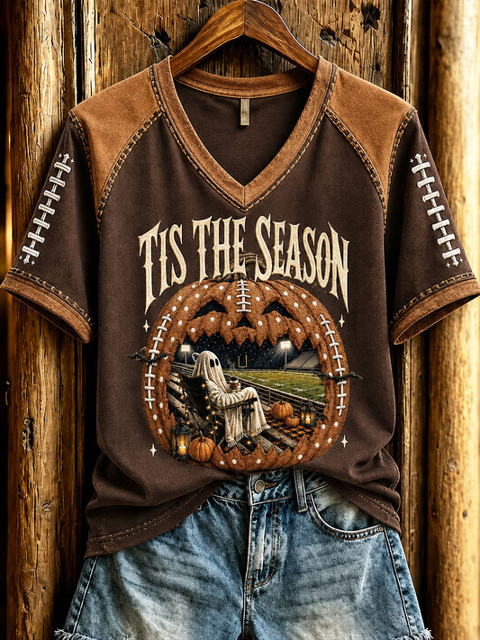 Women's Vintage Halloween Football Tis The Season Ghost Game Day Printed Casual T-shirt